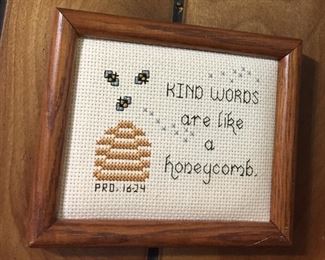 Framed Needlepoint "Kind Words are like a honecomb."