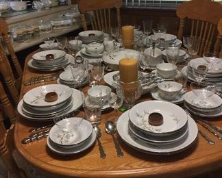 Fine Seyei China Nagoya Japan Service for Twelve Bamboo Pattern, Crystal Stemware Bamboo Etched, Crystal Candle Holders, Oneida Stainless Flatware Valerie, Oak Dining Table Seats Up to Eight, Two Large Leaves, Eight Chairs