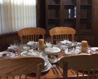 Fine Seyei China Nagoya Japan Service for Twelve Bamboo Pattern, Crystal Stemware Bamboo Etched, Crystal Candle Holders, Oneida Stainless Flatware Valerie, Oak Dining Table Seats Up to Eight, Two Large Leaves, Eight Chairs