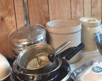 Assorted Household Items, Pots & Pans, Crocks, Stainless Steel Bowls, Scale