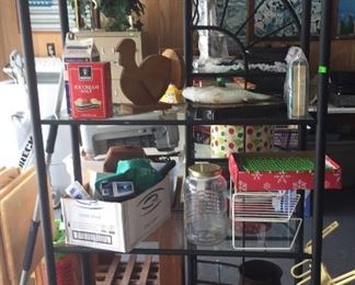 Metal Shelving with Glass Shelves, Assorted Household Items, T.V., Trays