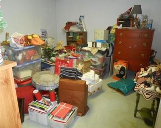Many holiday items, chest of drawers etc