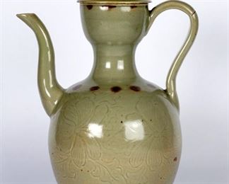 Chinese Celadon Teapot Incised Peonies