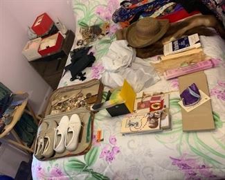 shoes, clothes, hats, tuxedo items.. some costume jewelry, vintage rabbit muffs, vintage baby hats
