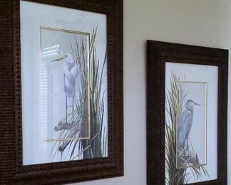 Pair of medium size painted mat egret framed wall art 