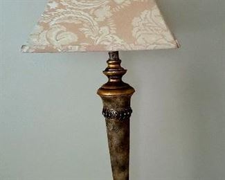 Pair of  tall bronze/gold table lamps with brocade fabric shades