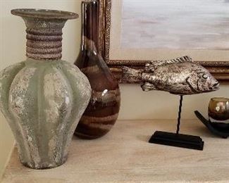 Metal and ceramic vases and resin fish on stand 