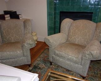 Nell Hills pair of custom top of the line quality light gold fabric accent wing back chairs 
