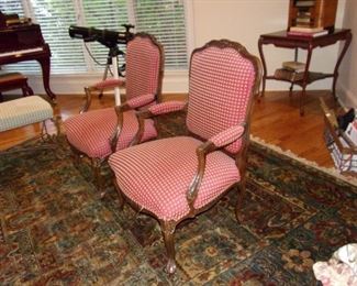 Pair of French accent chairs FYI matches fabric on piano bench, area rug not for sale