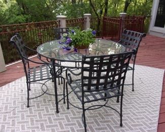 Glass top patio set table with 4 chairs and patio indoor/outdoor area rug