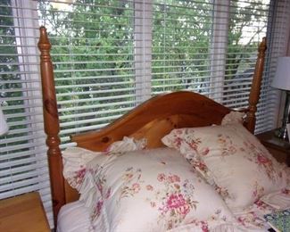 Queen pine headboard, 2 end tables, dresser and mirror and chest of drawers in excellent condition.