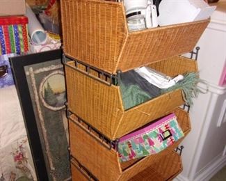 Wicker and metal shelving unit.