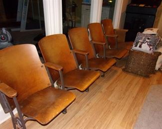 Original vintage steel and wood folding theater seating, seats, chairs for 5