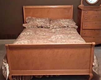 Stunning Rare Exotic Birdseye Maple hardwood 3 Piece Full bedroom set includes Sleighbed with head/ footboard and side rails, 5 drawer chest of drawers with mirror and harpshape accent stand/mount, 3 drawer dresser/vanity with mirror, full mattress and box springs! THIS IS A RARE ONE OF A KIND SET!