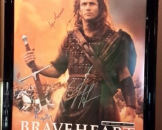 Framed Braveheart poster, signed by Mel Gibson, Sophie Marceau and Angus Mcafadyen, with COA.