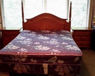 Queen pine headboard, 2 end tables, dresser and mirror and chest of drawers in excellent condition. Queen mattress and box springs.