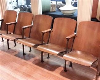 Original vintage steel and wood folding theater seating, seats, chairs for 5