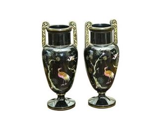 2. Antique Classical Style Black Glass Enamel Painted Urns