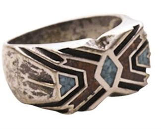 20. Southwestern Sterling Silver Ring with Turquoise and CoralInlay