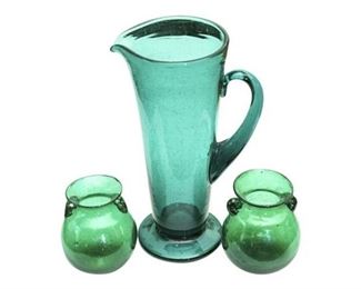 27. Vintage Green Glass Water Pitcher and Two Vases