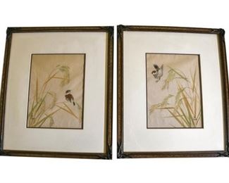 127. OKADA Signed Framed Set Japanese Watercolor Bird Scenes