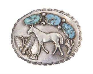 130. Navajo Sterling Silver Turquoise Belt Buckle