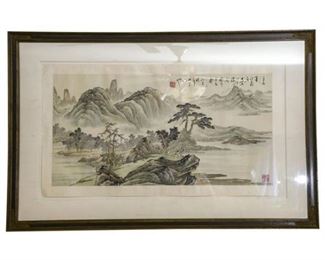 136. Framed Vintage Japanese MOUNTAIN SCENE Watercolor