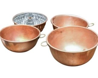 142. Set Four 4 Solid Copper Kitchen Bowls and Cake Mold