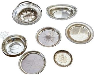 144. Lot Vintage Sterling Silver Trays, Coin Dish, Wine Bottle Coasters