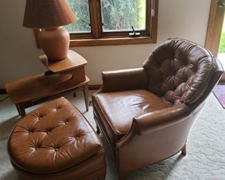 MCM leather arm chair with ottoman, MCM end table, lamp