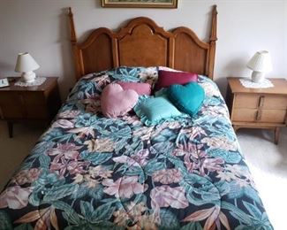 MCM bed with end tables, bedding, framed canvas