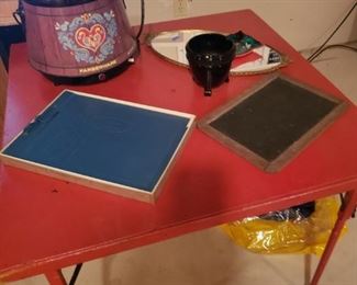 Vintage card table, Farberware crockpot, antique child's lap chalkboard