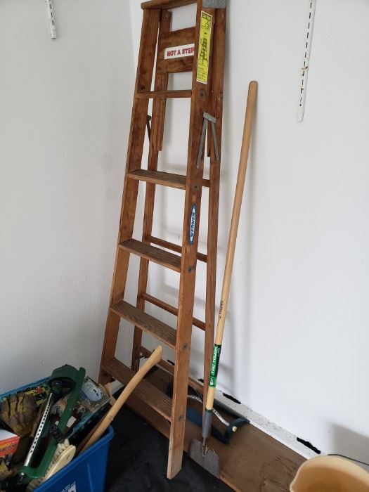 Wood ladder, garage/yard tools