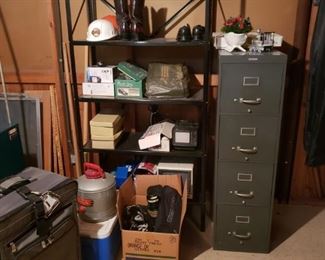 Metal shelves, metal file cabinet, vintage cooler, more
