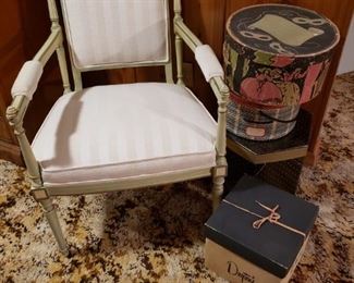 Vintage hat boxes; antique chair