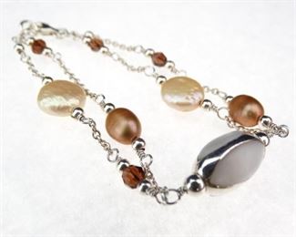 925 Sterling Silver 2strand Pearl and Mother of Pearl bracelet