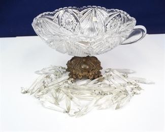 Hobstar Cut Glass Bowl with Brass Footed Base