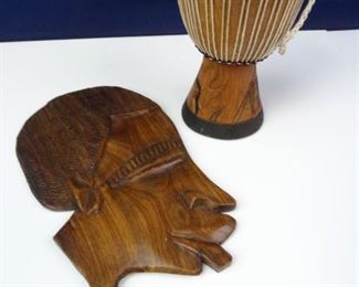 Small African Bongo Drum & Wooden Wall Hanging (2)