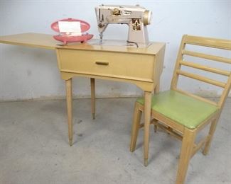 1960s Vintage Singer Sewing Machine, Table, Chair