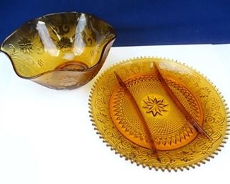 Amber Glass Relish Dish and Sandwich Bowl
