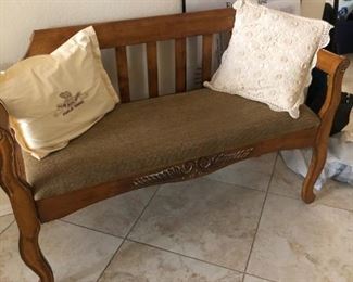 Unique upholstered carved wood bench 