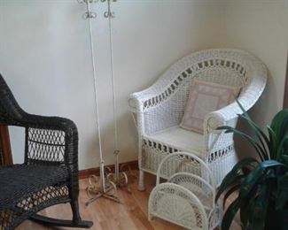 Mid century wrought iron lamp stands and wicker rocker, side chair and magazine rack