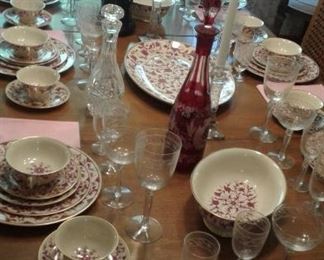 Set this beautiful table at home-Table, 6 chairs, all the stemware you could ever need, Check out that Bohemian piece!