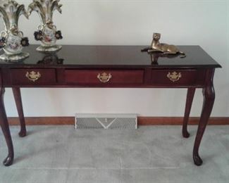 Queen Anne cherry table-early pair vases and brass cat