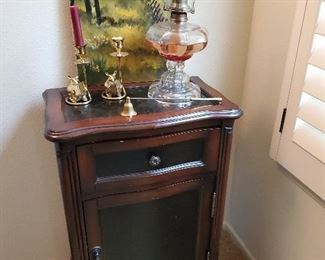 Side table, Kerosene lamp, vintage oil painting