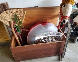 Old chest and lots of Christmas and other holiday decorations