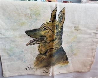 Handpainted German Shepard on cloth dated 1939