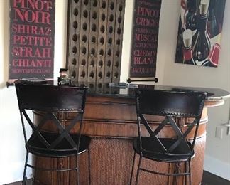 High End Wooden Half Round Bar with Marble Top & Wrought Iron Footrest & Feet. Pair Leather & Iron Barstool's