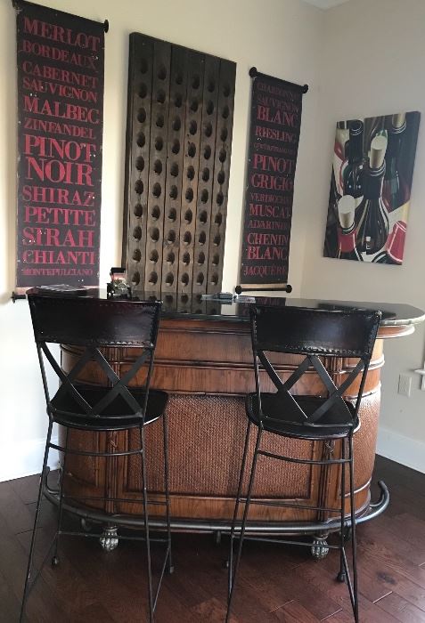 High End Wooden Half Round Bar with Marble Top & Wrought Iron Footrest & Feet. Pair Leather & Iron Barstool's