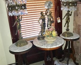 3 ANTIQUE MARBLE TOP TABLES W/ PR TALL LAMPS W/ PRISMS,  AND SWINGER STYLE CLOCK, CAPO DI MONTE FLOWERS